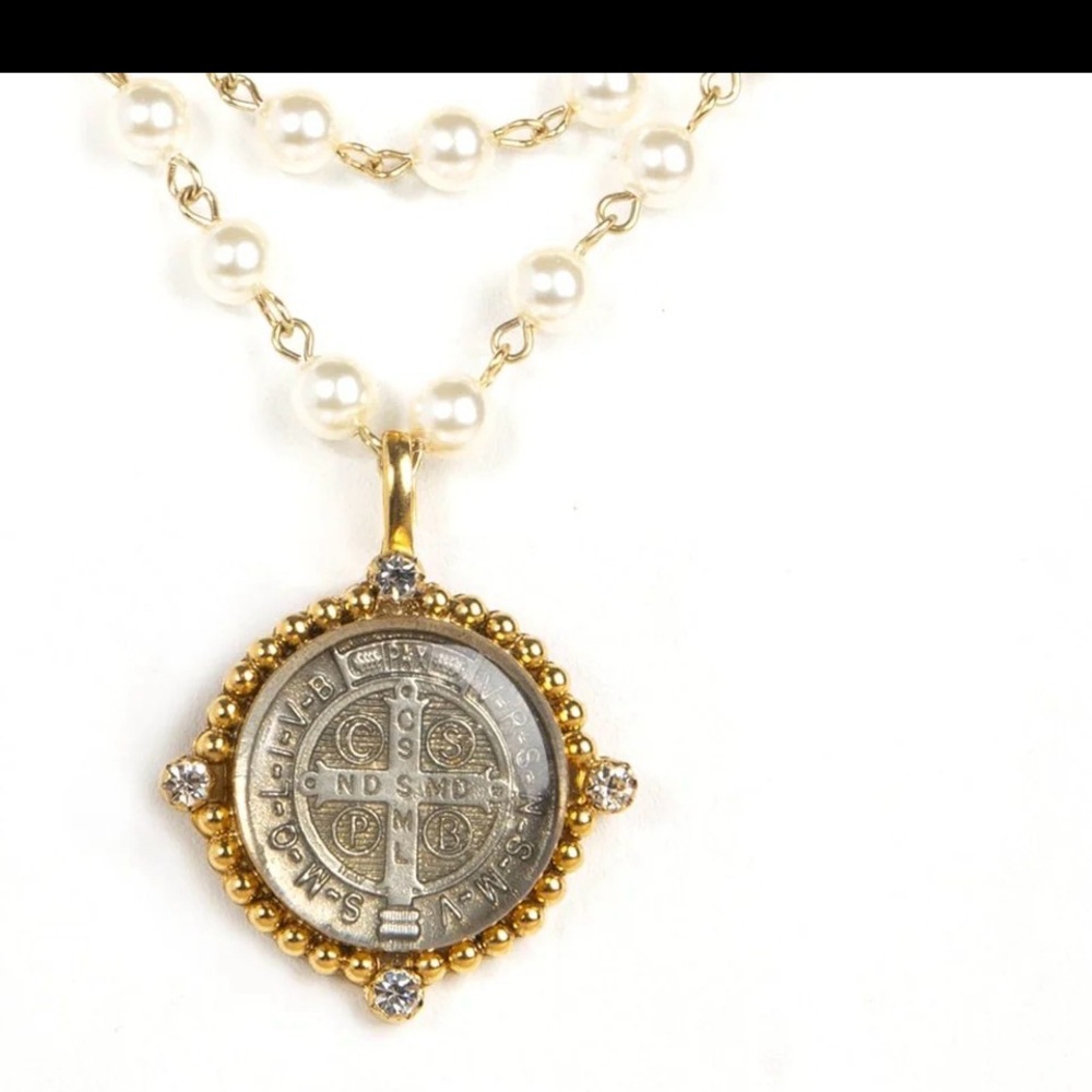 Virgins Saints & Angels 4-strand pearl ,gold chain necklace removable medallion - Picture 2 of 9